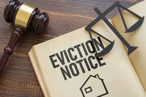 Gavel, scales, eviction notice document